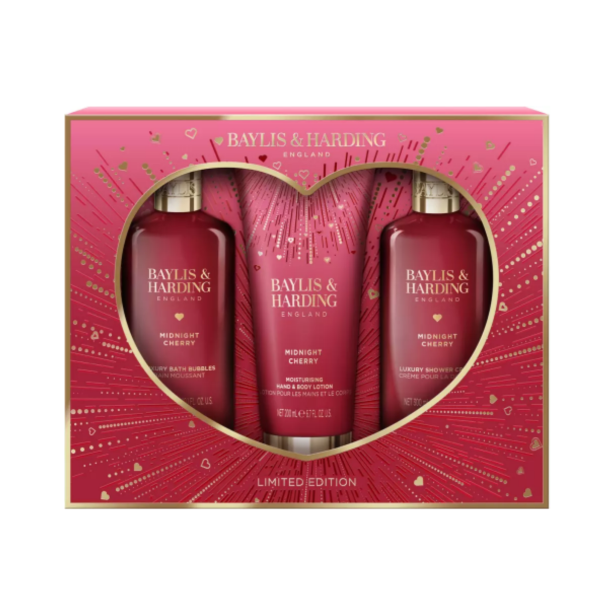 Baylis & Harding Midnight Cherry Collection Limited Edition- Bath Bubble, Lotion and Shower crème Set- Open Heart